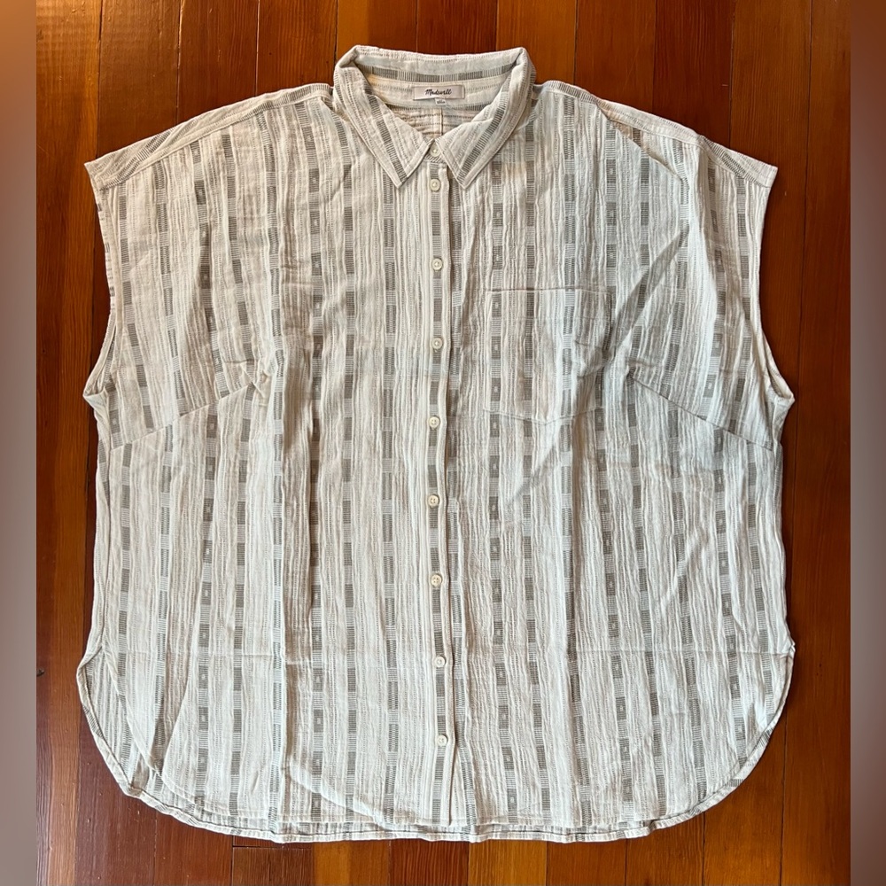 NWT madewell plus camp brown ivory stripe jacquard sleeveless button up top 2X